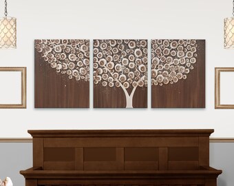 Minimalist Woodland Nursery Tree Painting on Large Canvas Triptych for Boy's Room in Neutral Tones - 50x20