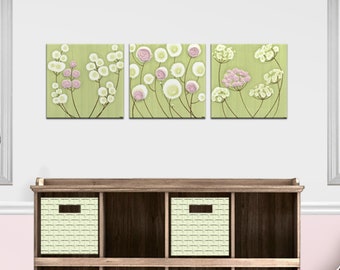 Green and Pink Flower Art for Children's Room, Textured Paintings on Set of 3 Small Canvases - 32x10