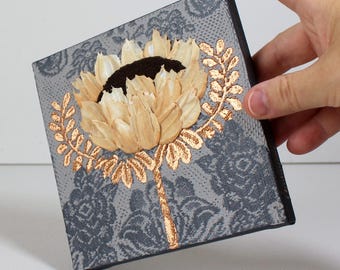 Art Deco Flower Painting: Copper and Neutral Impasto on Mini Canvas, 6x6