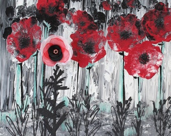 Landscape Painting of Red Poppy Field with a 3D Fabric Flower on Black and White Textured Canvas, OOAK - 20x16