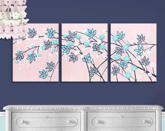 Pink Paintings for Girl's Room Wall Decor, 3d Sculpted Flower Art on Large Canvas Triptych in Pink, Gray, Aqua - 50x20