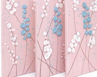 Pastel Painting of Textured Flowers on 3 Canvas Triptych, OOAK Artwork - 32x20