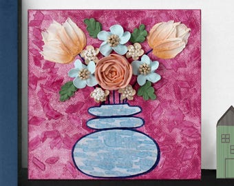 Mini Painting of Fuchsia Pink Bouquet, Hand Sculpted Flower Art on Canvas, 6x6