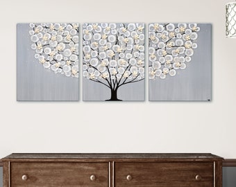 Gray Flowering Tree Triptych: 3D Acrylic Painting on Large Canvas, 50x20