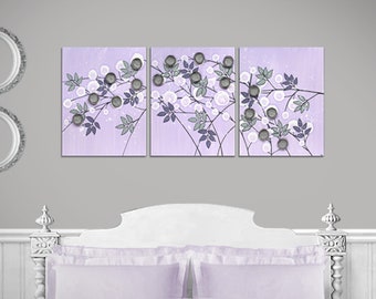 Big Canvas Art for Girl's Purple Bedroom Wall Art, 3D Flower Branch Painting on 3 Large Canvases - 50x20