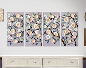 Large Painting of 3d Flowers, Tall Vertical or Wide Horizontal Wall Art on 4 Canvases, Art Original One of a Kind - 43x20