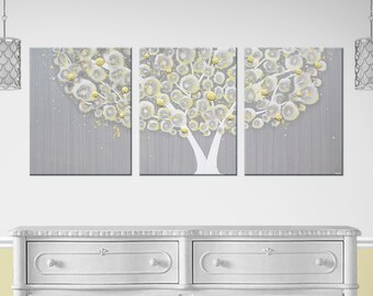 Minimalist Wall Art Painting of Gray and Yellow Tree with Texture on 3 Canvas Triptych - Large 50x20