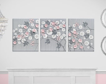 Gray and Pink Nursery Art Painting of Pink Climbing Roses, 3D Original Art on Large Canvas Triptych - 50x20