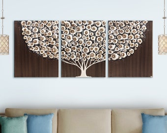 Original Art on Canvas for Living Room, Minimalist Tree Painting on Extra Large Triptych in Brown, Beige - 62x24