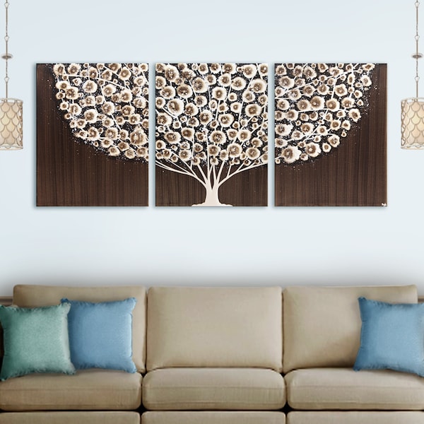 Brown Tree Triptych: Original Minimalist Art on Extra Large Canvas, 62x24