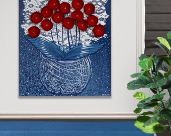 Red, White, and Blue Art, 3D Flower Bouquet Painting on Canvas in Americana Folk Style - 16x20