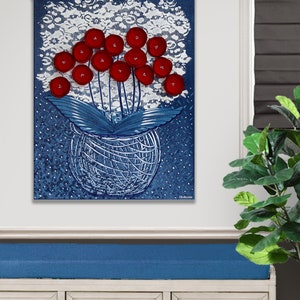 Red, White, and Blue Art, 3D Flower Bouquet Painting on Canvas in Americana Folk Style, OOAK Art - 16x20