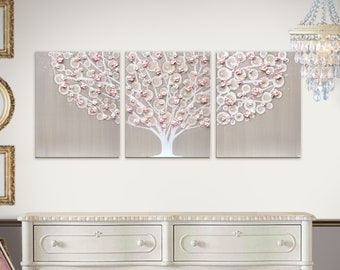 French Gray Nursery Art for Girls, Textured Tree Painting on 3 Large Canvases with Pink Sculpted Flowers - 50x20