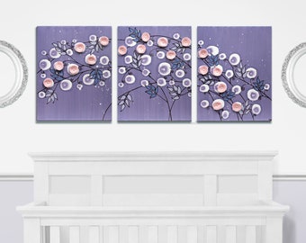 Floral Wall Art for Girl's Purple Bedroom with Pink 3D Flowers on 3 Canvas Paintings - Large 50X20