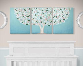 Textured Blossom Tree Triptych: Pink & Blue, Large Canvas Art, 50x20