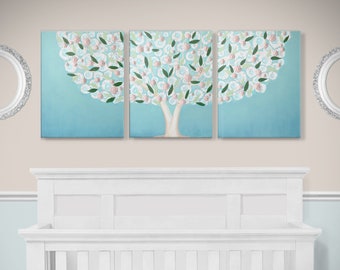 Springtime Tree Painting in Robins Egg Blue and Pink with Textured Blossoms on Large Triptych Canvas, OOAK - 50x20