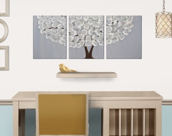 Simple Minimalist Wall Art, Original Tree Painting on Triptych Canvas in Acrylic, Gray, Brown - 35x14