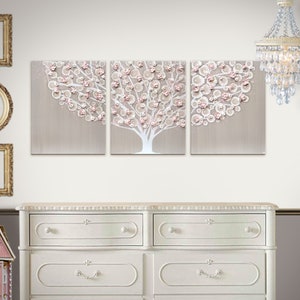 French Gray Nursery Art for Girls, Textured Tree Painting on 3 Large Canvases with Pink Sculpted Flowers - 50x20