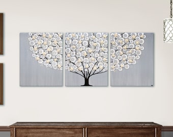 Neutral Bedroom Wall Art Painting, 3D Flowering Tree in Gray, Original Art on Large Canvas Triptych - 50X20