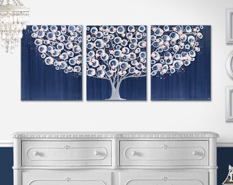 Big Canvas Art Painting of 3d Textured Tree in Indigo Blue and Blush Pink on Large Three Piece Triptych - 50x20