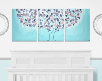 Large Aqua Wall Art for Baby Girl Room, Tree of Pink 3D Blossoms on 3 Canvas Triptych, Original Art - 50x20