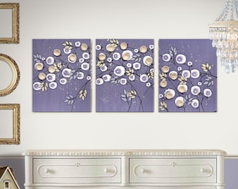 Large Purple Wall Art with 3D Flower Branches on Triptych Canvas, Original Abstract Painting - 50x20