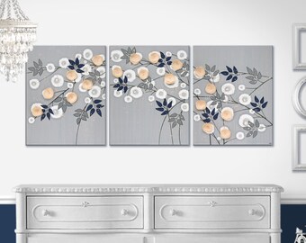 Painting of Wild Rose Branch in Peach, Gray, Blue, 3D Flower Wall Art on Large Triptych Canvas - 50x20