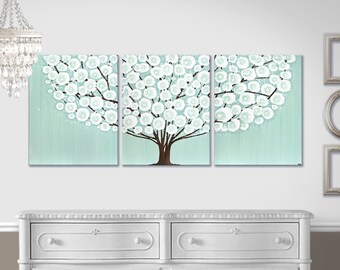 Minimal Bedroom Art, Big Tree Painting in Teal on 3 Piece Canvas Wall Art, Original Artwork - 50x20
