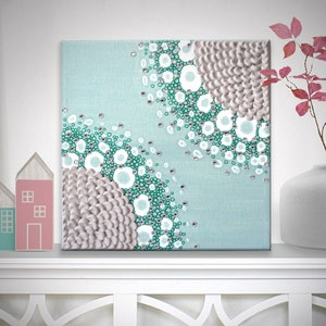 Little Abstract Painting of Teal Sunbursts with Rhinestones, Small Original Artwork - 10x10
