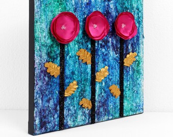 Jewel Toned Wall Art for Teen Girl's Bedroom Decor, Bright Hues Mixed Media Flower Painting - 10x10