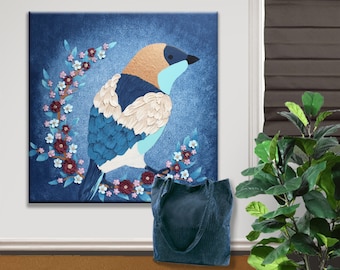 Blue Bird Painting on Canvas with Textured 3D Feathers, Original Art in Indigo and Copper - 24X24