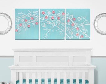 Big Painting for Baby Girl Nursery in  Pink and Aqua, 3D Flower Branch Painted on Canvas Triptych Wall Art - 50x20