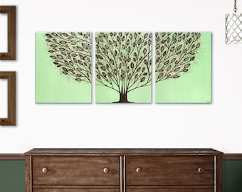Leafy Tree Wall Art on Large Triptych Canvas, Woodland Nature Art Painting in Green, Brown - 50X20