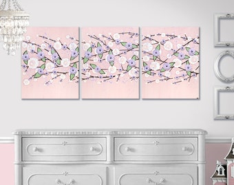 Pink and Purple Nursery Art Painting of Flower Branches on Three Canvases for Girl's Room Decor - Large 50x20