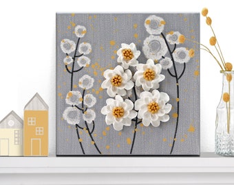 Gray and Yellow Wildflower Painting with 3d Texture on a Mini Canvas for Little Art Collection - 6x6