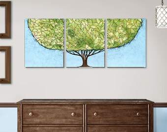 Painting of Green Leafy Tree and Blue Sky on 3 Piece Canvas Art for Guy's Room Wall Art, Large Original Artwork OOAK - 50x20