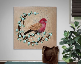 Painting of Bird, Textured Red Finch and 3d Flower Branch on Square Canvas for Farmhouse Wall Art - 20x20