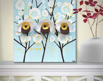 Cheerful Painting Gift for Mom, 3d Flower Art on Small Canvas in Blue, Yellow, White - 10x10