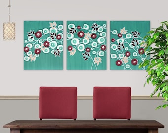 Teal Painting with 3D Red Flower Branches for Large Dining Room Wall Art on Triptych Canvas, Original Artwork - 50x20