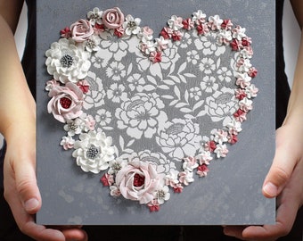 3D Floral Rose Painting of Heart in Gray and Pink on Canvas - Small Artwork 10X10