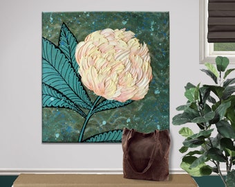 Impasto Peony Painting: Peach and Teal Original Textured Floral Art, 20x20