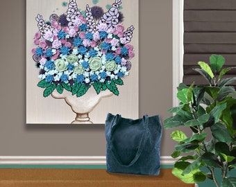 Farmhouse Wall Art for Entryway, Sculptural 3D Floral Still Life in Vase, Original Painting on Canvas - 16x20