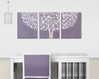 Lavender Tree Painting on Split Canvas for Minimalist Style Wall Art in Purple and Beige - 35X14