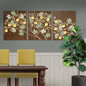 Woodsy Floral Earth Toned Painting for Cozy Dining Room Wall Art with 3D Flowers, Original Canvas Triptych - Large 50x20