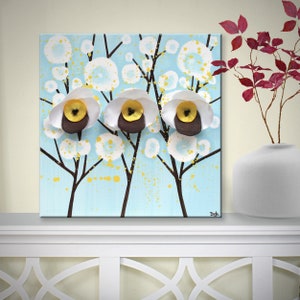 Cheerful Painting Gift for Mom, 3d Flower Art on Small Canvas in Blue, Yellow, White - 10x10