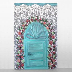 Cottagecore Painting of Door in a Secret Garden with 3d Pink Roses on Tall Canvas for End of Hallway Wall Art - 24X36
