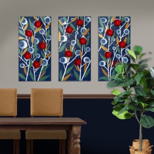 Triptych Canvas Painting of 3D Flowers in Red, Green, Blue for Dining Room Decor, Original Wall Art OOAK - 32x20
