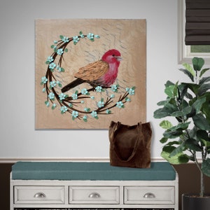 Painting of Bird, Textured Red Finch and 3d Flower Branch on Square Canvas for Farmhouse Wall Art 20x20 image 1