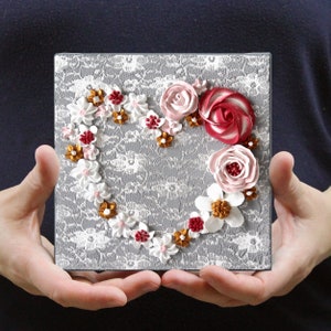 Heart Painting on Miniature Canvas, Pink and Red Floral Rose Art for Keepsake Gift for Her - 6x6