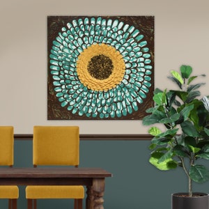 Geometric Wall Art on Square Canvas, Teal and Yellow Painting of Sculptural Circle, OOAK - 20x20